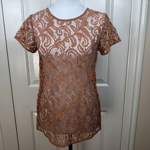 Loft Women Top Sz XS Copper Color Lace Short Sleeve Round Neck Unlined Pullover